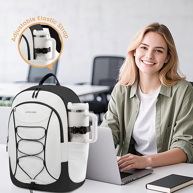 LOVEVOOK Mens Backpack with Giant Tumbler Holder Pocket,15.6 Inch Everyday Laptop Backpack Commuter Travel Work Computer Bag for Women,Casual Hiking College Teacher Back Pack Daypack,White-Black