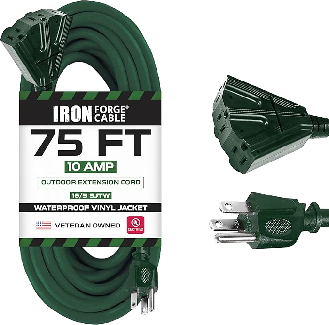 Iron Forge Cable 75ft Green Outdoor Extension Cord with 3 Outlets - 16/3 SJTW 75ft Extension Cord 3 Prong, 10 Amp All-Weather Heavy Duty Power Cable
