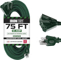 Iron Forge Cable 75ft Green Outdoor Extension Cord with 3 Outlets - 16/3 SJTW 75ft Extension Cord 3 Prong, 10 Amp All-Weather Heavy Duty Power Cable