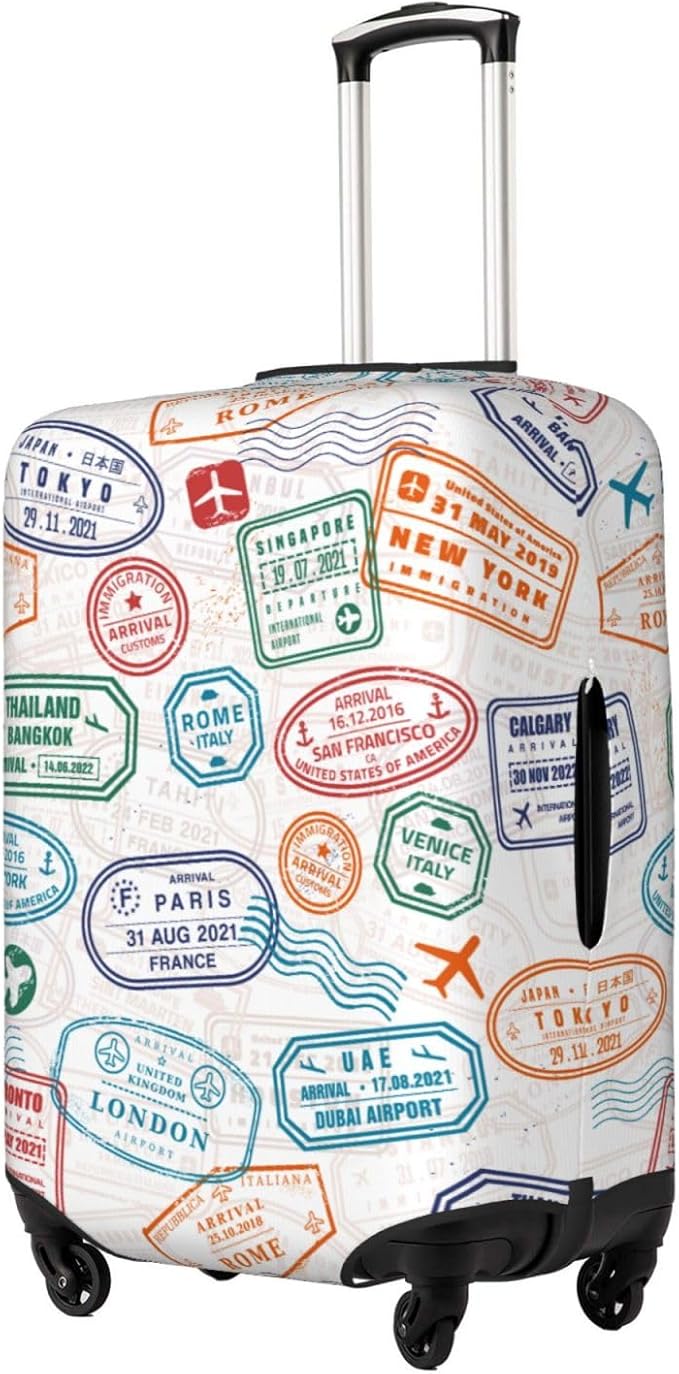 Luggage Cover with World City Stamps & Airplane Pattern, Suitcase Protector For Travel (Fits 18-21 Inch Luggage)