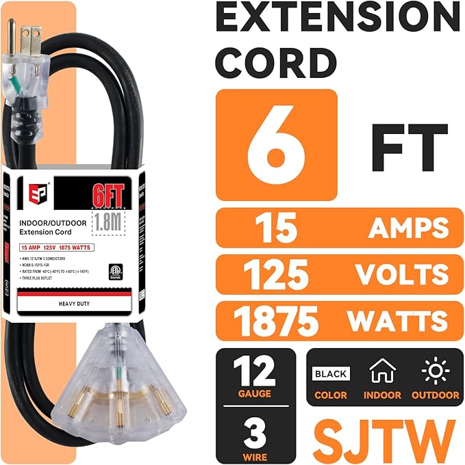 EP 6 Ft 12 Gauge Heavy Duty Extension Cord, 15A 125V 1875W, 3 Outlet Indoor/Outdoor Power Cord with Lighted End, 12/3 SJTW Weatherproof Black, UL Listed