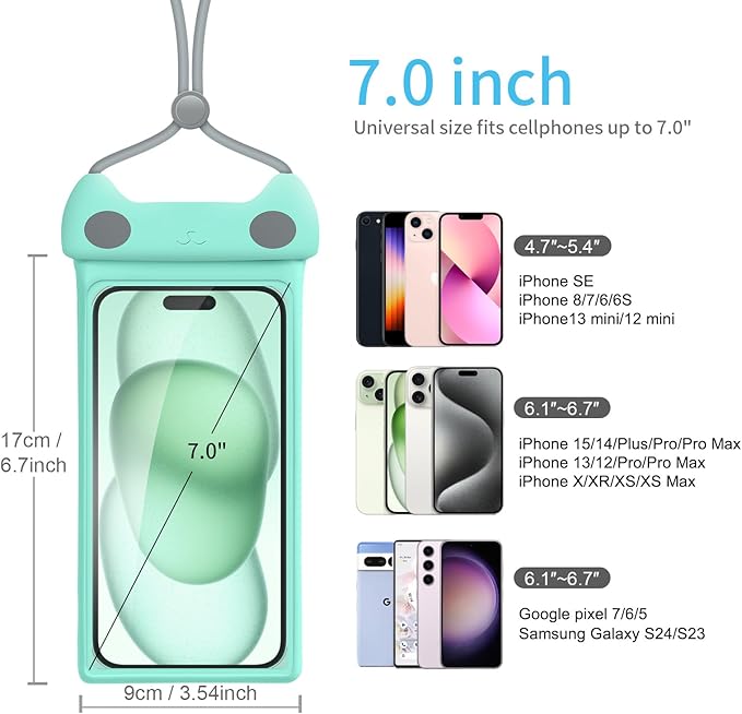 wellhouse Waterproof Phone Pouch, Waterproof Phone Case for iPhone 17 16 15 14 Pro Max XS Samsung, IPX8 3D Cellphone Dry Bag Beach Essentials -Kitten Crystal Mint