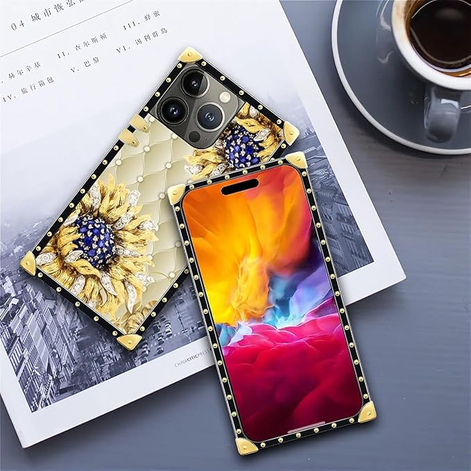 Compatible with iPhone 15 Pro Max Case, Sunflower Diamonds Leather Luxury Golden Decoration for Girl Women Soft TPU Shockproof Protective Hard PC Back for iPhone 15 Pro Max