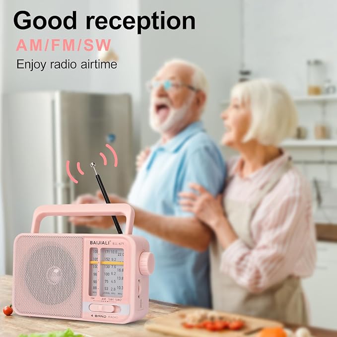 Portable AM/FM Transistor Radio with Loud Speaker, Battery or USB Powered - Compact Emergency Radio for Indoor, Outdoor, Travel & Storms (BJL-671, Pink)