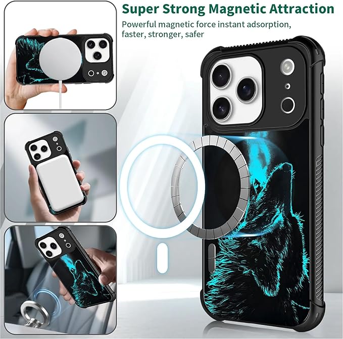 for iPhone 17 Pro Case,for MagSafe Graphic Design for Girl Boy Soft Silicone Hard Acrylic Shock Protection Designed for iPhone 17 Pro Blue Breathing Wolf Pattern