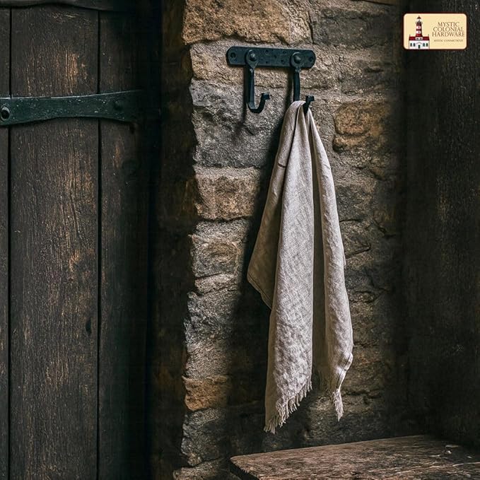 "Mystic Colonial Medieval Hand-Forged Iron Double Wall Hooks 1 Pc | (6 in ? 4 in) Rustic Twisted Wall Hanger | Vintage Black Coating Gothic Heavy-Duty Utility Hanger for Coats, Towels, Keys & Bags"