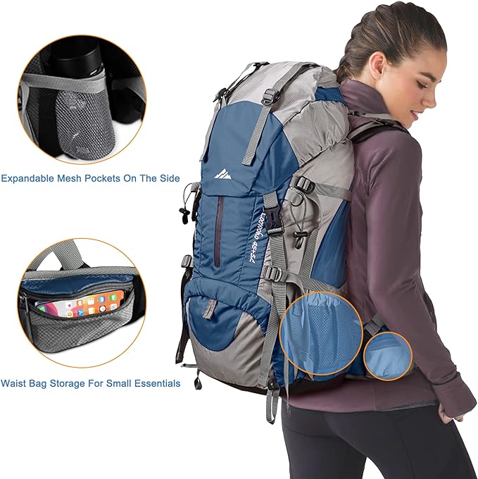 Loowoko 50L Hiking Backpack, Waterproof Camping Essentials Bag with Rain Cover, 45+5 Liter Lightweight Backpacking Back Pack