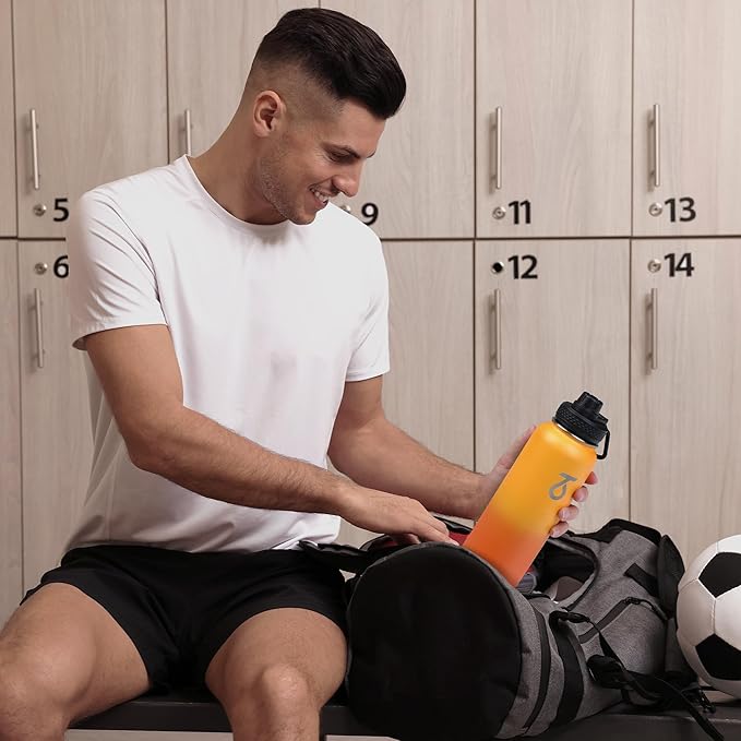 Trebo 32oz Water Bottle Insulated with Lid and Straw,Triple Wall Vacuum Stainless Steel Metal Tumbler Sports Flask with Paracord Handle, Keep Hot 24 Hours & Cold 48 Hours Water Cup with 3 Lids, Orange