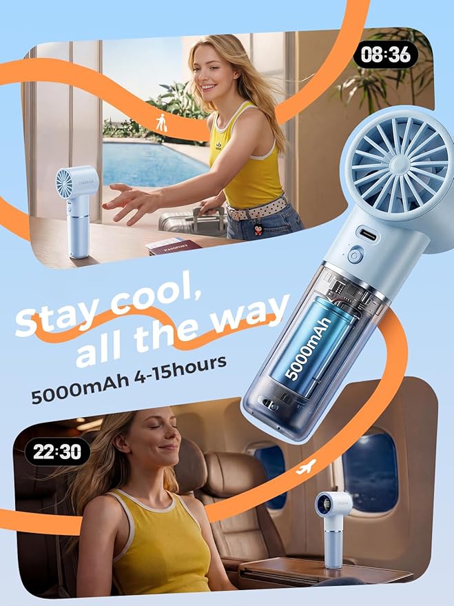 Handheld Portable Fan, 6-Speed Powerful Mini Personal Fan, Rechargeable 5000mAh Battery with Up to 15 Hours Runtime, Pocket Turbo Fan with Smart LED Display, Ideal for Travel, Camping, Makeup