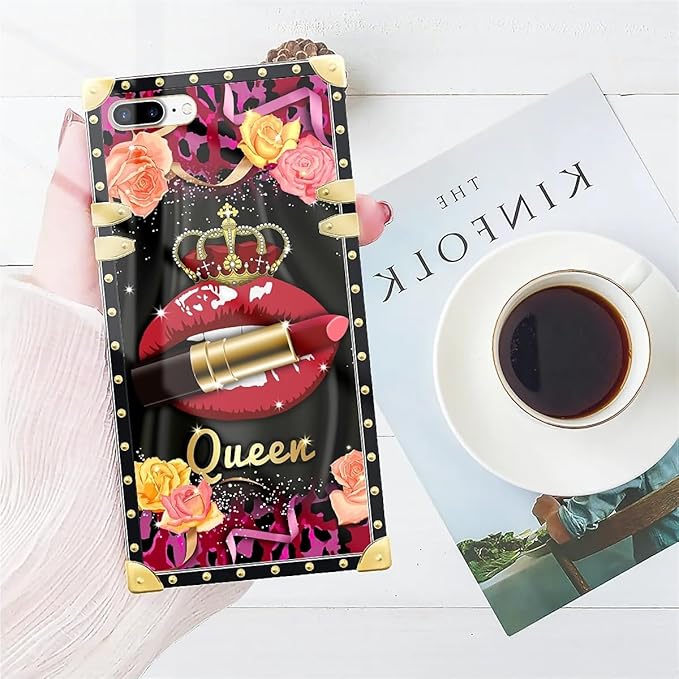 Compatible with iPhone 8 Plus 7 Plus Case, Queen Lip Crown Leopard Print Luxury Golden Decoration for Girl Women Soft TPU Shockproof Protective Hard PC Back for iPhone 8 Plus 7 Plus