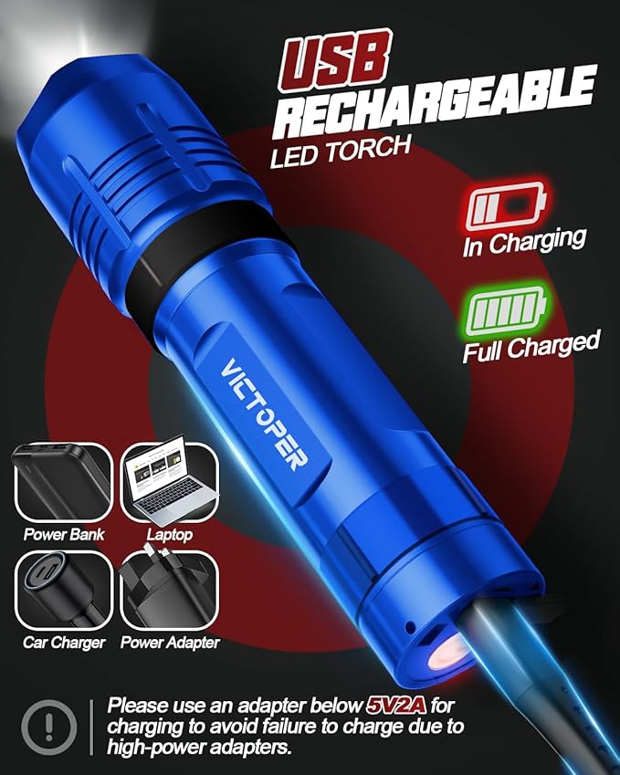Victoper Red Rechargeabe Flashlight 2 Pack, High Lumens 5 Modes LED Bright Tactical Flashlights, Waterproof Zoomable Flash Light for Outdoor, Gifts for Camping Essentials Gear