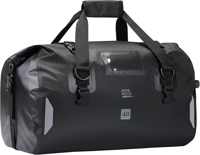 KEMIMOTO Waterproof Motorcycle Dry Bag – Duffle Tail Bag Soft Luggage, 25L/40L/65L Large Capacity with 4 Quick-Release Straps, Dustproof for Touring, Adventure, Motorcycling & Camping Black