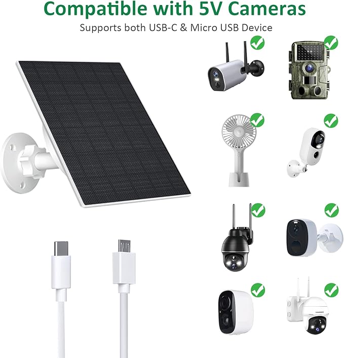 Zivif 10W Solar Panel for Security Camera, 10400mAh Built-in Battery, 5V Outdoor Solar Charger with USB-C & Micro-USB Port, IP66 Waterproof, 360° Adjustable Mount