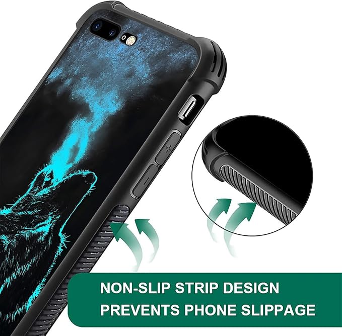 for iPhone 7/8 Case, Blue Breathing Wolf Pattern Graphic Design Girl Boy Soft Silicone Hard Acrylic Shock Protection for iPhone 7/8