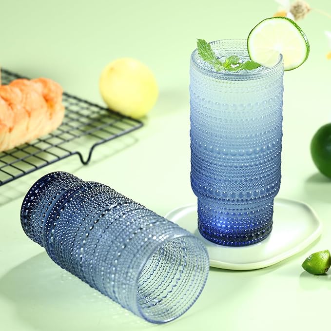 Large Capacity 16 oz Hobnail Drinking Glasses Set of 12, Vintage Glassware Drinking Glasses, Gray-blue Water Glasses Tumbler, Cups for Kitchen, Juice, Beer, Cocktail, Whiskey