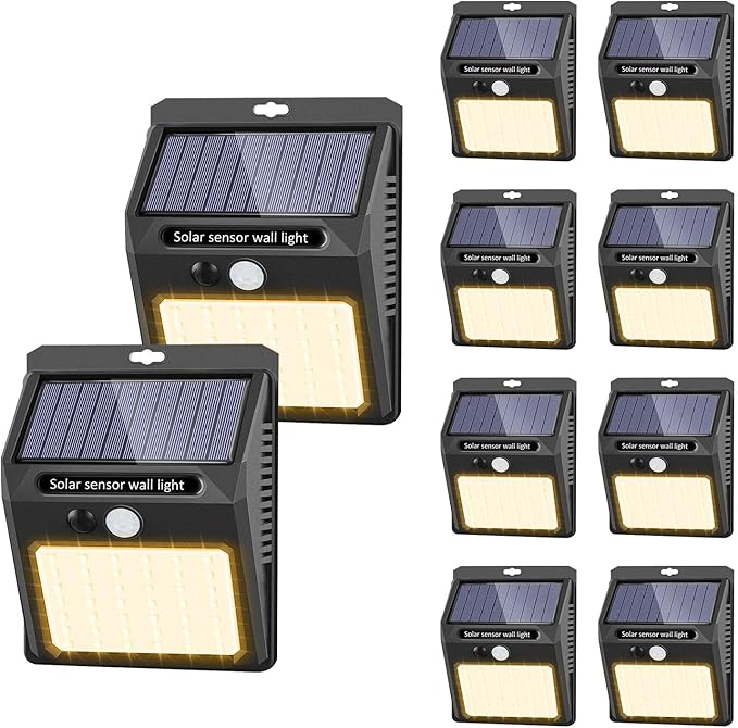 SEZAC Solar Lights Outdoor, 10 Pack Solar Motion Sensor Outdoor Lights with 3 Lighting Modes, IP65 Waterproof Solar Fence Lights for House (Warm White)