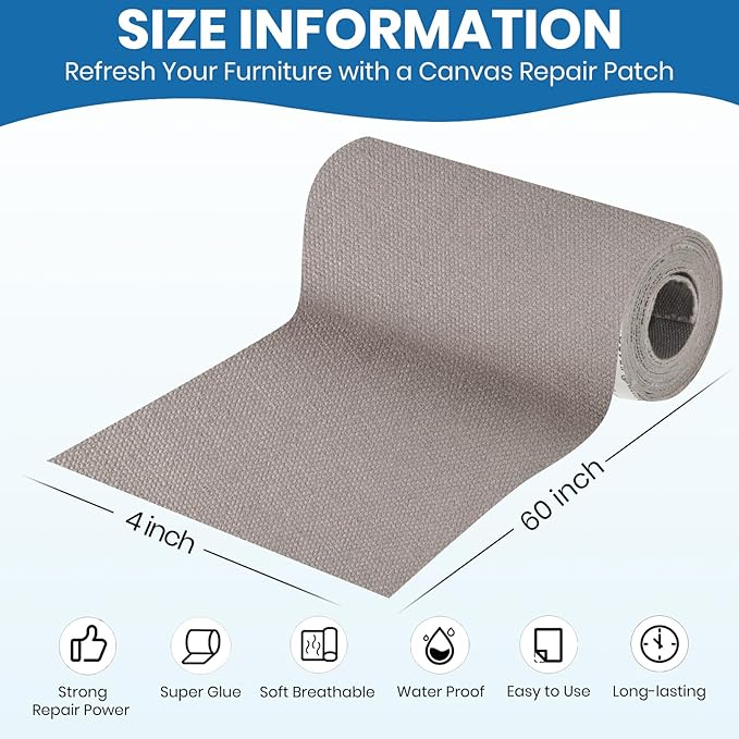 Canvas Patch 4 "x 60 ", Self-Adhesive Waterproof Canvas Patch Set for Repairing Tents, Couch, Boat Covers, Camping Chairs, Awnings, Car Seats.(Gray)