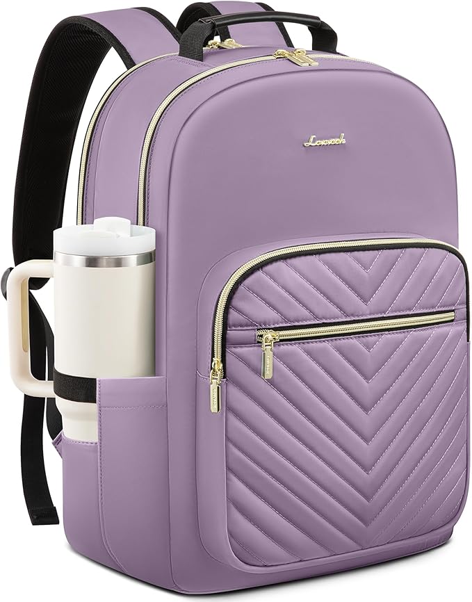 LOVEVOOK Laptop Backpack for Women with Giant Tumbler Holder 15.6 inch,Designer Travel Backpack Laptop Bag College Backpack,Quilted Work Nurse Teacher Backpack Purse Computer Bag Daypack,Taro Purple
