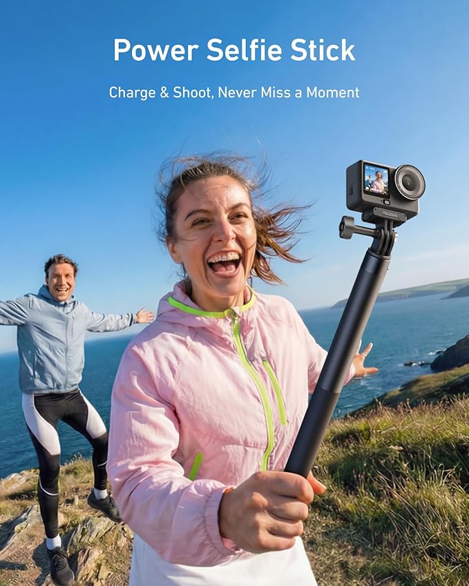 TELESIN Power Grip Selfie Stick for DJI OSMO Namo Action 6 5 Pro 4 3,GoPro Hero 13 12 11,Insta360 X5 X4 Action Camera & Phone, 40.16"Extension Charging Handle Grip, Portable Battery Power Selfie Pole