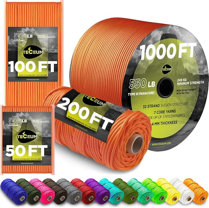 TECEUM 5/32" Paracord Rope 1000 – 1000ft / 200ft / 100ft / 50ft – Tactical Parachute Cord 4mm – 45+ Colors – Nylon String for Survival & Camping Gear – Stripe Cord for Survival – Utility Rope
