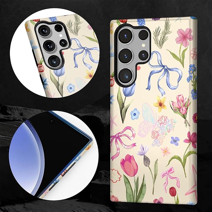 for Samsung Galaxy S24 Ultra Case,HL2 Aesthetic Flower Preppy Collage Hybrid 2 Layer Hard Shell Silicone Protective Pattern Design Case