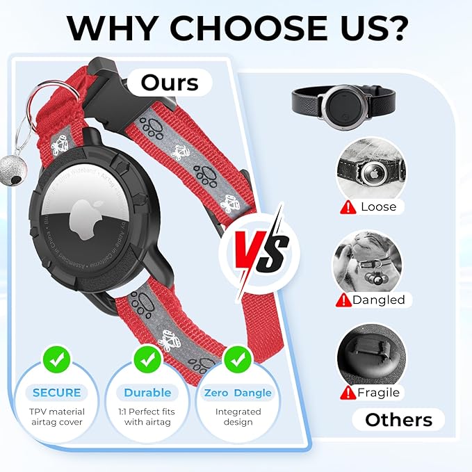 Breakaway AirTag Cat Collar, Reflective Cat Tracker Collar with Air Tag Holder and Bell, Safety Elastic Band Cat GPS Collars for Girl Boy Cats, Kittens and Puppies (Red, 8-13'')