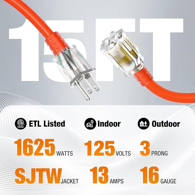 15 FT Outdoor Extension Cord Waterproof, 16/3 Gauge Heavy Duty 3 Prong Power Cord with Lighted Indicator End, 13A 125V 1625W SJTW, ETL Listed, Great for Lawn/Garden/Home(Orange)