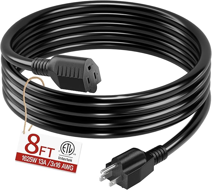 16/3 Short Extension Cord 8 FT, Black Extension Cord Flexible & Durable, Indoor 3 Prong Power Cable, Suitable for Home and Office, 13 Amp 1625 Watt 125VAC 16AWG, ETL Listed