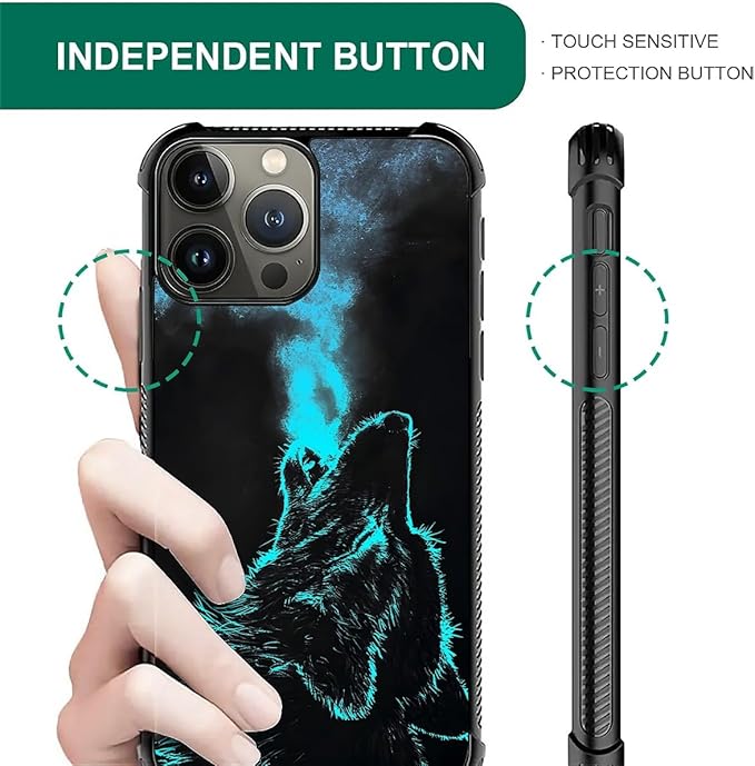 for iPhone 16 Pro Case, Blue Breathing Wolf Pattern Graphic Design Girl Boy Soft Silicone Hard Acrylic Shock Protection for iPhone 16 Pro