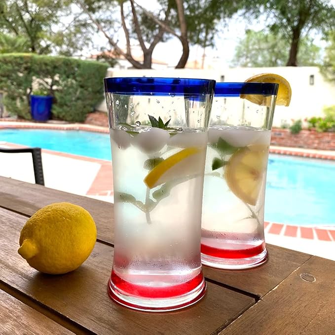 Lily's Home Unbreakable Acrylic Highball Tumblers - Set of 4, 18oz Shatterproof Plastic Cups with Cobalt Blue Rims, Reusable for Water, Juice & Cocktails - Ideal for Indoor & Outdoor Use