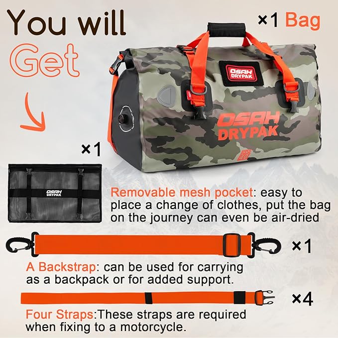 OSAH DRYPAK Waterproof Duffel Bag - Motorcycle Dry Bag Tail Bag with Large Storage Space, Waterproof Luggage Duffle Bags with Outer Mesh Zipper Pocket for Camping, Kayaking, Fishing & Traveling
