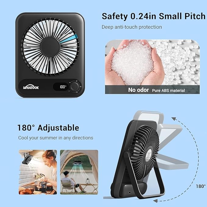 WHATOOK Small Desk Fan Personal Fans: 5000mah 25 Hours Battery Office Quiet Mini Desktop Fan Portable Rechargeable Travel Essentials (Black, 5000 mAh)