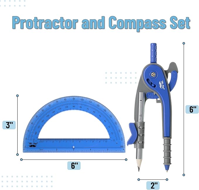 Mr. Pen- Geometry Compass and Protractor Set, 6 Inch Compass, 6 Inch Protractor, Drawing Tool for School, Clear Plastic, Easy Grip, Precision Design for Math, Art, Drafting, Architecture