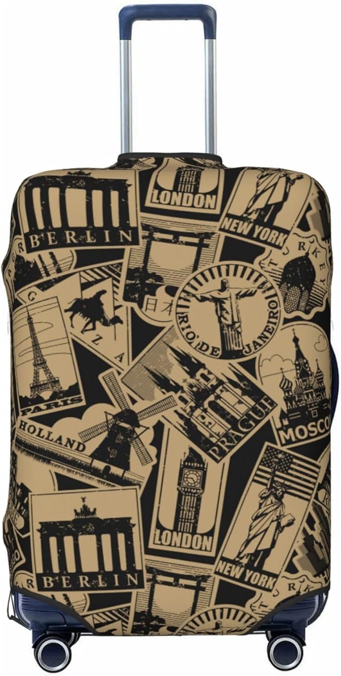 Travel Luggage Cover with World Famous Landmarks Print, Suitcase Protector For Travel (Fits 18-21 Inch Luggage)