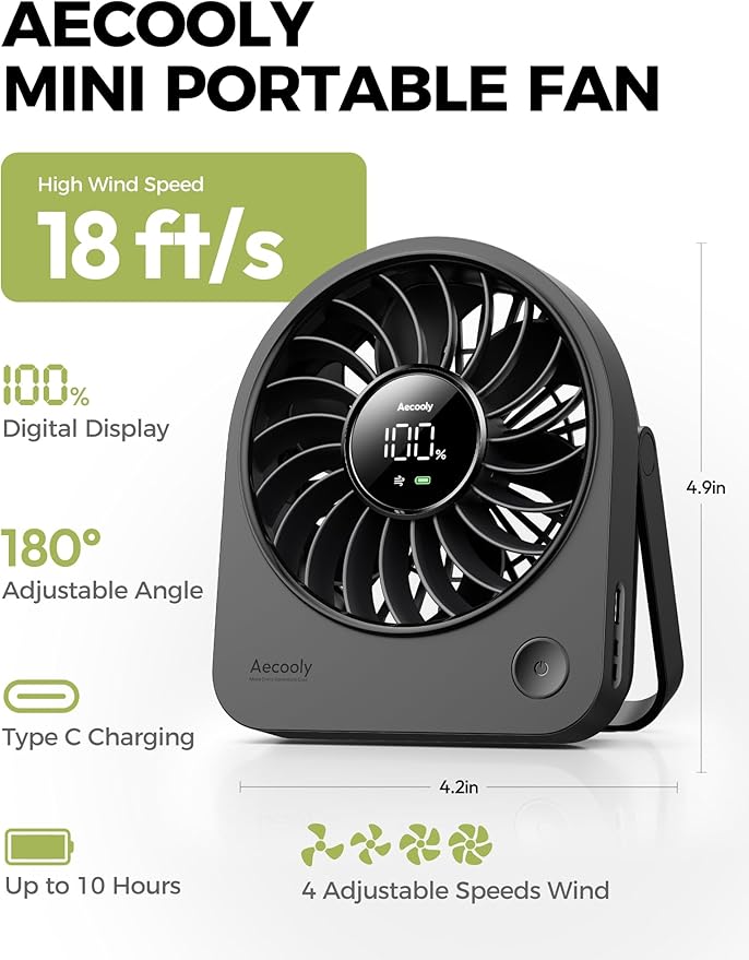 Aecooly Mini Portable USB Desk Fan, Small Enough to Hold 4.2 in Mighty Desktop Fan, USB & Battery Powered Quiet Table Fans, 4 Speeds Rechargeable Personal Fans for Home, Office, Travel, Gifts -Black