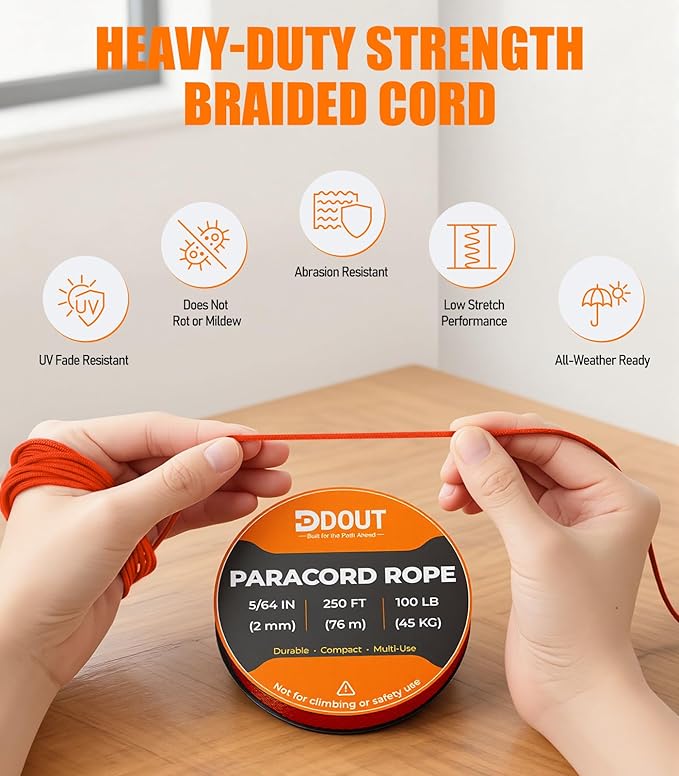 DDOUT 2mm Paracord 100lb, Thin Micro Paracord Rope, Orange 250FT Nylon Cord for Crafting, DIY Projects, Fishing, Camping & Outdoor