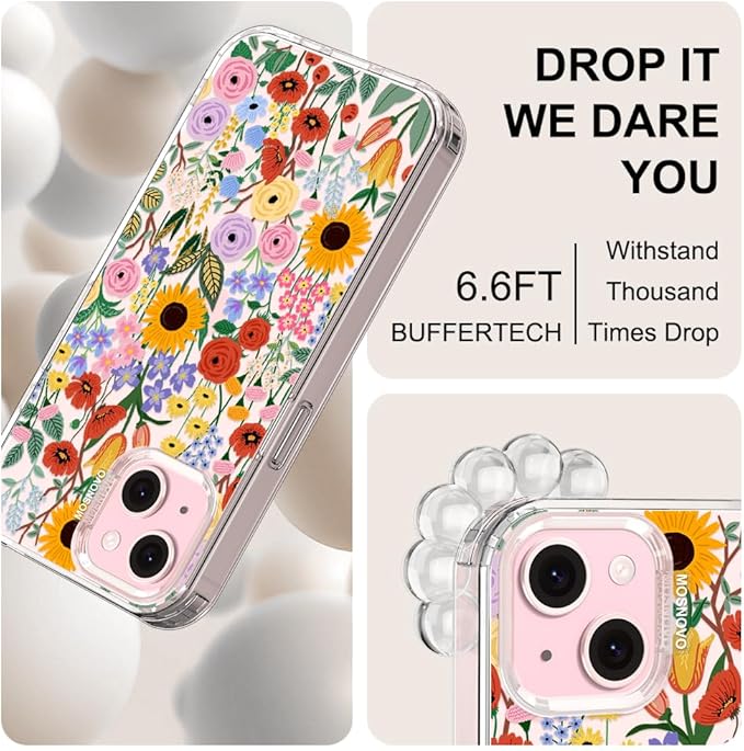 MOSNOVO Case for iPhone 15 Plus/iPhone 14 Plus, [Buffertech 6.6ft Military-Grade Drop Protection] [Anti Peel Off Tech] Clear TPU Bumper Phone Case Cover Design - Blossom & Bloom