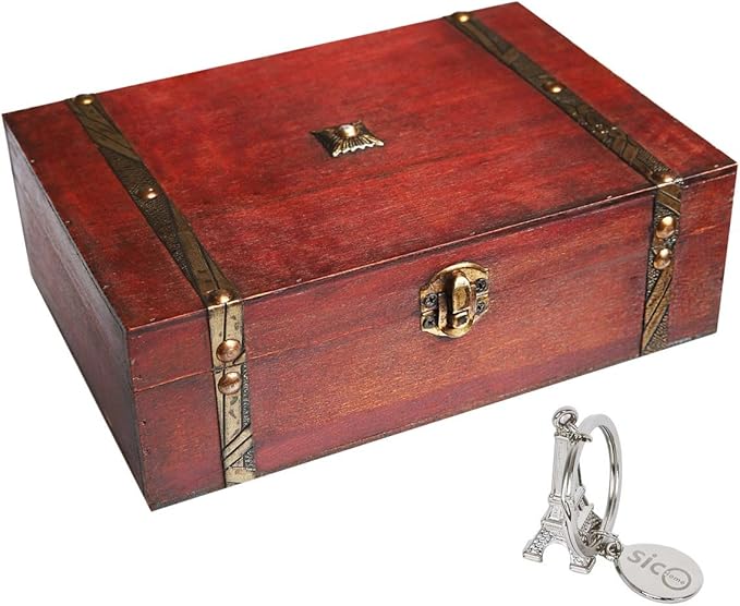 SICOHOME Treasure Chest - 9" x 6.3" x 3" Wooden Pirate Treasure Box with Hinged Lids, Rustic Vintage Decorative Keepsake and Jewelry Box, Trinket Storage Chest Box, Gifts and Home Decoration