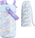 12 oz Kids Stainless Steel Water Bottle: 2-in-1 Straw Spout Lid, Leakproof, BPA-Free, Easy Clean, Keep Cold 24H, Insulated Cup with Carrier Bag for School, Travel, Playtime, Gift (Dreamy Unicorn)