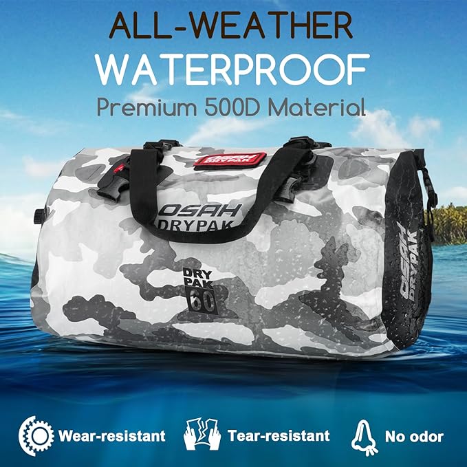 OSAH DRYPAK Waterproof Duffel Bag - Motorcycle Dry Bag Tail Bag with Large Storage Space, Waterproof Luggage Duffle Bags with Outer Mesh Zipper Pocket for Camping, Kayaking, Fishing & Traveling
