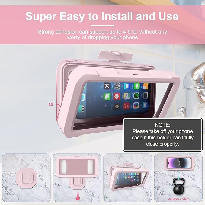 URROY Shower Phone Holder Waterproof, 360° Rotation Shower Phone Case, Anti-Fog High Sensitivity Universal Cover Mount Stand for Bathroom Wall Mirror Bathtub Kitchen, Gift for Men Women Pink