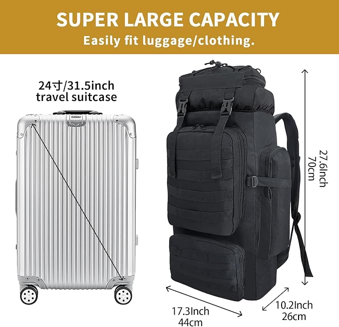 80L Hiking Backpack Men Camping Backpack, Waterproof MOLLE Military Tactical Rucksack, Large Capacity Assault Pack for Outdoor Survival, Trekking, Travel (Black)