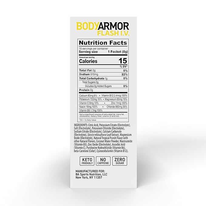 BODYARMOR Flash I.V. Electrolyte Packets, Tropical Punch, Zero Sugar Drink Mix, Single Serve Packs, Coconut Water Powder, Hydration for Workout, Travel Essential, Just Add Sticks to Liquid (15 Count)