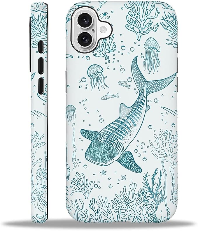 for iPhone 16 Case,HH2 Ocean Whale Shark Hybrid 2 Layer Hard Shell Silicone Protective Pattern Design Case