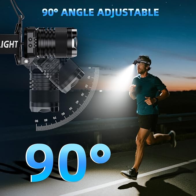 Super Bright Headlamp Rechargeable- LED Head Light, 99000LM Zoom Head Lamp & Rear Red Light, Waterproof Head Torch/Headlight Flashlight with 6 Helmet Clips for Camping, Hiking, Fishing