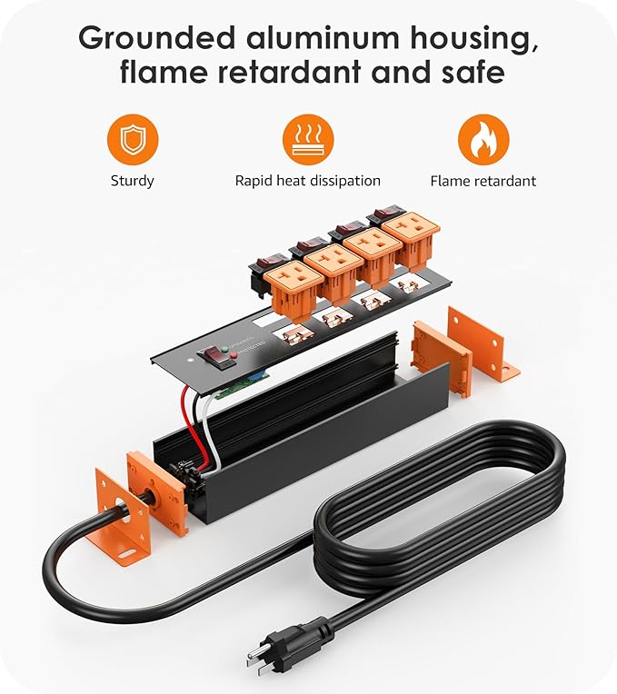 CCCEI Heavy Duty Surge Protector Power Strip 20 Amp Individual Switches. 4FT 12 Gauge Extension Cord with Multiple Outlets. Kitchen, Garage, Shop, Industrial Wall Mount Electric Extender, Orange.