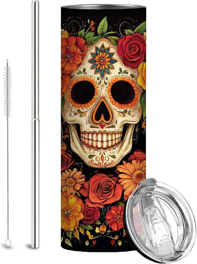 Firmiso 20 oz Tumbler｜Skinny Insulated Travel Mug｜Sugar Skull Floral Design Stainless Steel Cup with Lid and Telescopic Straw｜Gothic Boho Drinkware｜Day of the Dead Gift Idea for Women and Men
