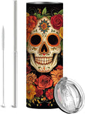 Firmiso 20 oz Tumbler｜Skinny Insulated Travel Mug｜Sugar Skull Floral Design Stainless Steel Cup with Lid and Telescopic Straw｜Gothic Boho Drinkware｜Day of the Dead Gift Idea for Women and Men