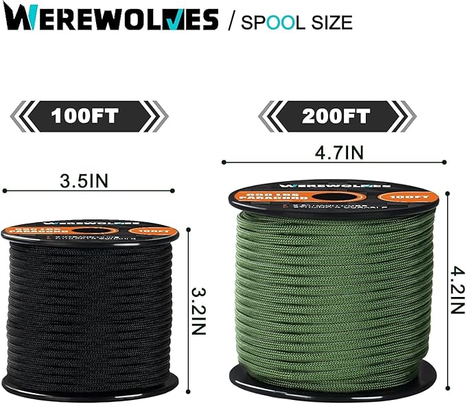 WEREWOLVES 650lb Paracord/Parachute Cord - 9 Strand Paracord Rope - 100', 200' Spools of Parachute Cord, Type III Paracord for Camping, Survival