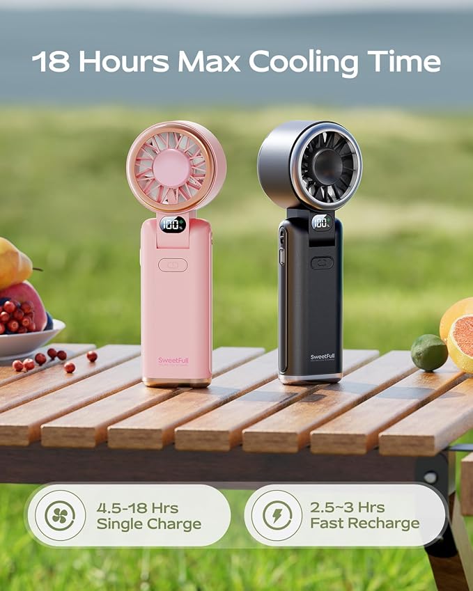 SWEETFULL Portable Handheld Turbo Fan - Portable Fans Rechargeable, 5000mAh, 180° Adjustable, 5 Speed Wind, Digital Display Electric Personal Hand Fan Quiet, Travel Essentials, Beach Vacation (Black)
